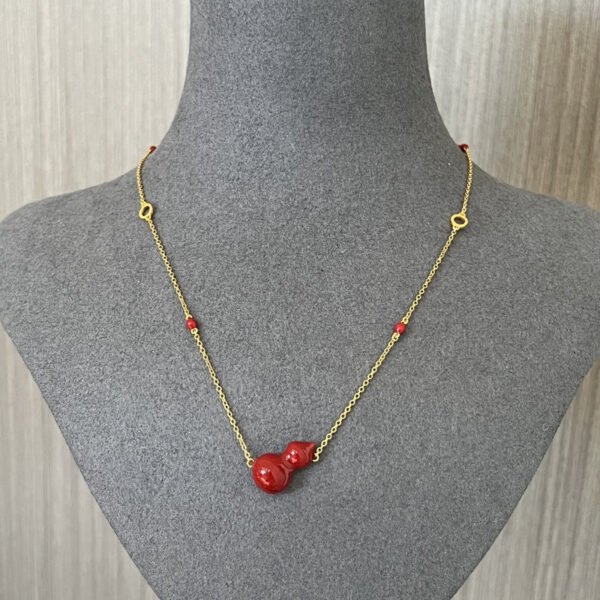 925 Sterling Silver Red Enamel Gourd Pendant Necklace Modern Chinese Minimalist Design