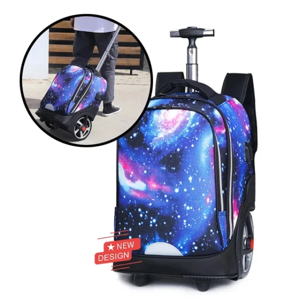 2024 New Stars Printing Wheel School Bag Trolley Backpacks Rolling School Bag with Multi Pockets for Boys Girls