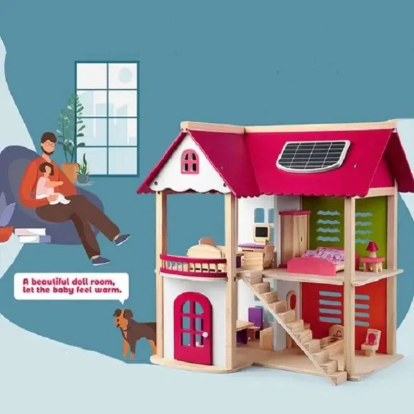 Hot Sale Parent-child Wood Doll House Play Set Pretend Happy Family Busy Doll Houses Miniature With Furniture Set