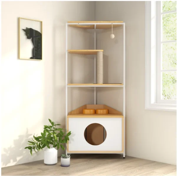Corner Cat Tower Scratching Post Feeding Station Climbing Platforms Pet Furniture for Indoor Wood Crafts Wooden Boxes Wall Signs