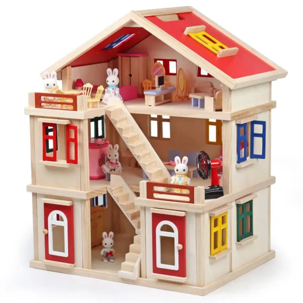 Pretend Play Wooden Doll House Miniature Dolllhouses Furniture  for Girls
