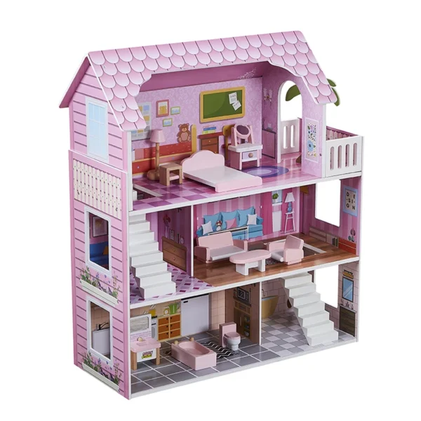 Wooden Houses Pretend Toy Wooden Doll House/ Kids Wooden Doll Villa with Doll Room Furniture Dollhouse