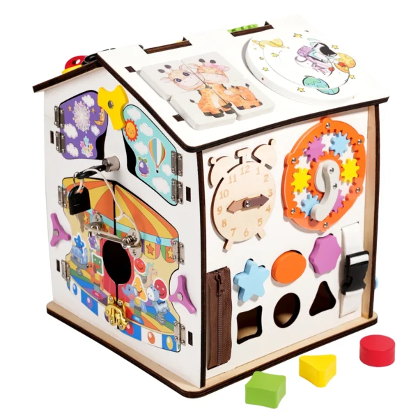 Children's Early Education Activity Sensory Toy Multifunctional Wooden Montessori Toy Robot Busy Board House for Kids
