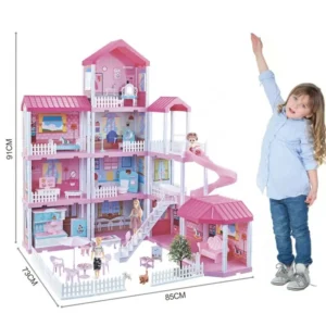 Pretend Play Girl Princess Toy Accessories Furniture DIY Assembly Plastic Big Size Dream Pink Doll House with Boy and Girl Doll