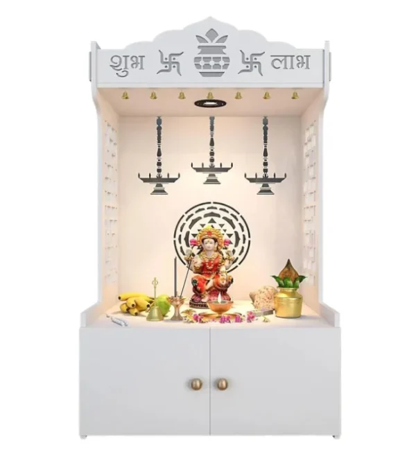 Large Indian Wooden Puja Furniture with Ganesh Om Decor Divine Hexagonal Wall Cabinet for Home Pooja and Hindu Temple Use