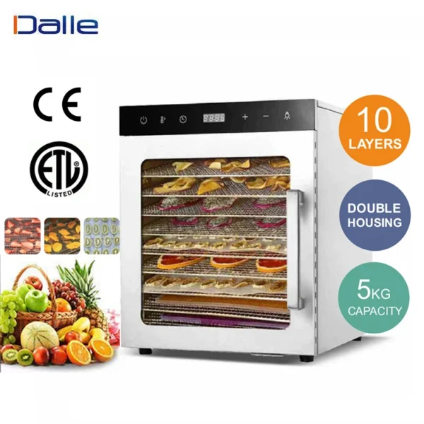 Small Stainless Steel Food Dryer Dehydrator 10 Tray Double Wall Digital Control Drying Machine for Household Use