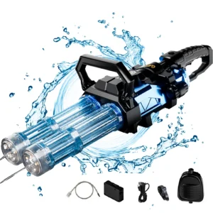 Rotating Electronic Gatling Water Gun Toy Continuously Fire Capacity Backpack Double Tube Shooting Lighting Gun Toys for Adults