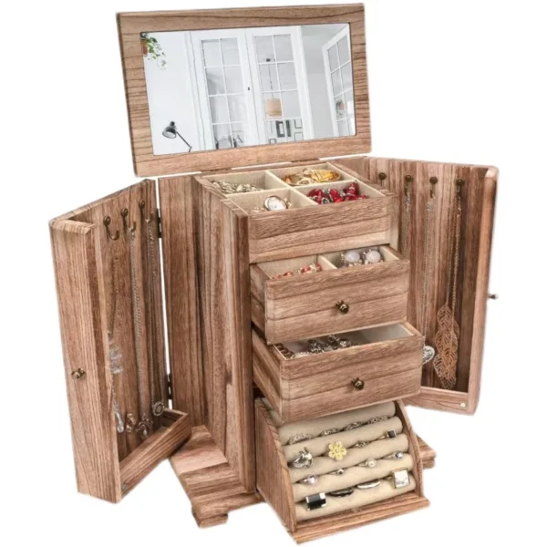 Women Girls Organizer Earring Ear Wooden Portable Jewel case Packaging Gift Boxes Travel Jewelry Box with Mirror