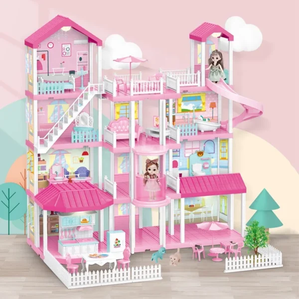 DIY Funny Pretend Furniture Kids Toy Pretty Girl Doll House With 2 Doll