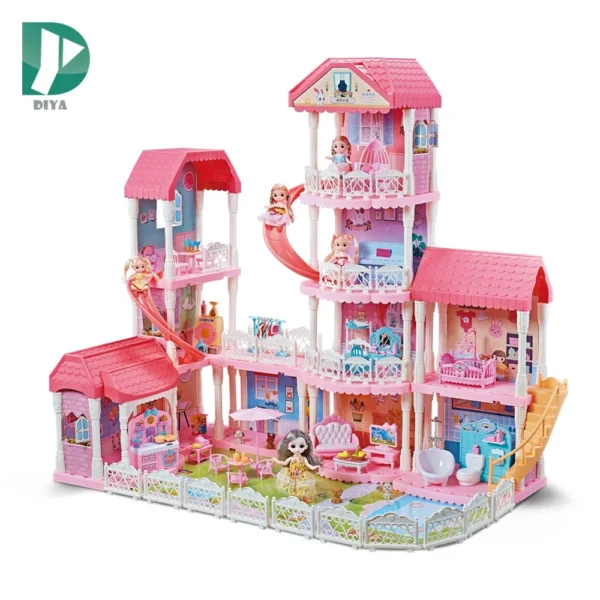 Luxury 4 Floors Big Size Pretend Play Toys Villa Doll House Toy with 2 Slides
