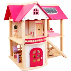 Children's DIY Toy Wooden Doll House with Pink Furniture & Bed Kids Pretend Play Set Includes Doll Box & Bed for Girls