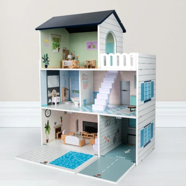 2025 New Arrival Wooden Doll House, Modern Family Dollhouse with Realistic Design, Ideal Dollhouse Play Set Toy for Kids Ages 3+