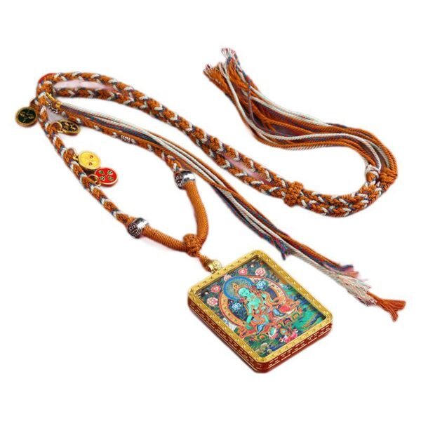 Gold-Finished Hand-Painted Green Tara Thangka Pendant Necklace