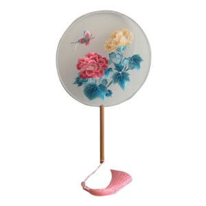Elegant Double-Sided Embroidered Round Fan with Long Handle - Vintage Palace Style Handheld Fan