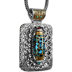 Retro Turquoise Pendant with Rotating Dzi Bead ?C "Ten Thousand Buddhas" Spiritual Necklace