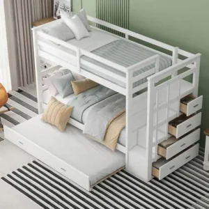 Solid Wood Twin Over Twin Bunk Bed with Trundle Storage Stairs and High Rails Kids Teens Adults Natural White 400lbs Capacity