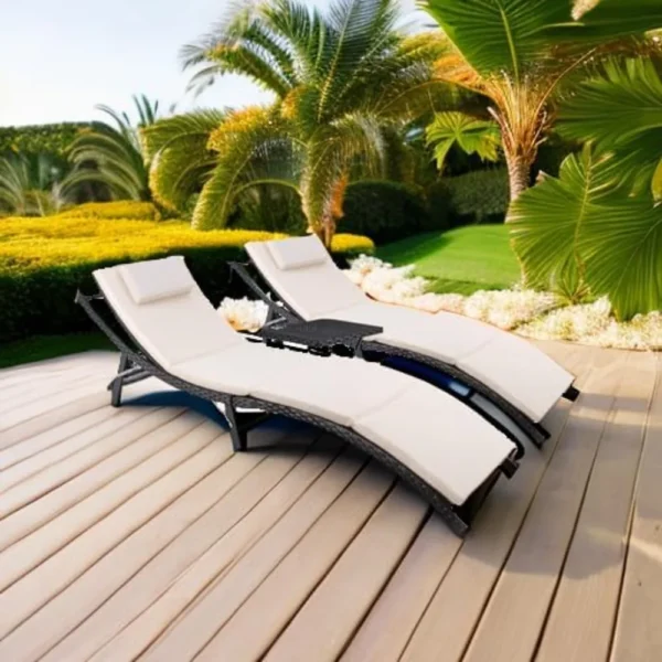 Patio Chaise Lounge Sets Outdoor Rattan Adjustable Back Cushioned Patio Folding Chaise Lounge with Folding Table