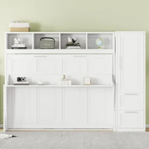 Full Size Murphy Bed, Wooden Full Cabinet Bed Wall Bed with Closet and Drawers, White