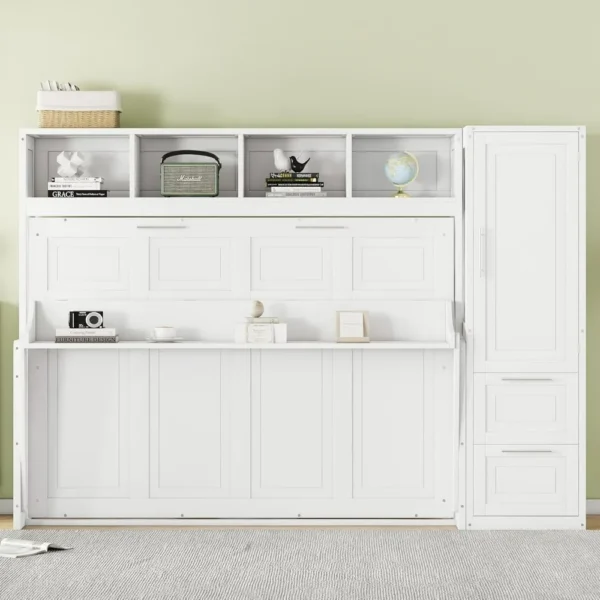 Full Size Murphy Bed, Wooden Full Cabinet Bed Wall Bed with Closet and Drawers, White