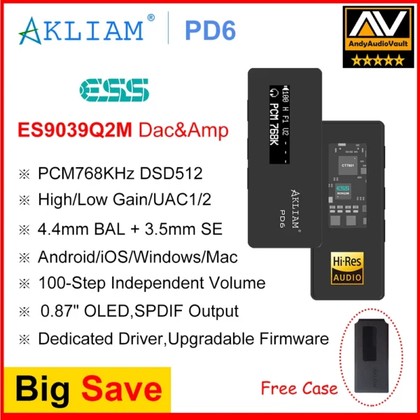 (Andy 5-Star) AkLIAM PD6 ES9039Q2M USB DAC OLED Display Hifi Portable Dac & Amp 3.5mm 4.4mm Headphone Amplifier PCM768KHz DSD512