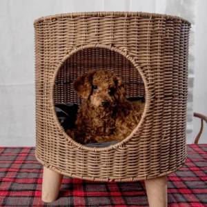 Brown Cylindrical Type Artificial Rattan Dog Cave/bed With Wooden Feet Bed Side Table Cat Furniture Pet Cage Baskets