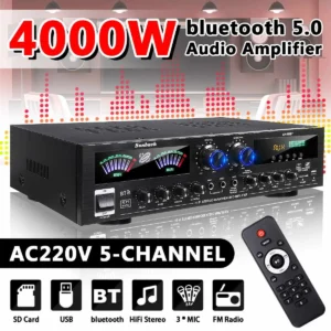 Good! 4000W 5CH LCD Display Home Theater Amplifier 12V bluetooth Home Power Amplifier Audio Stereo amplificador FM USB SD 3Mic