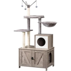 Cat Tree Tower with Litter Box Enclosure for Indoor Cats,  Furniture Hidden, All-in-One Cat Toy with Cat House, Greige BG15MZ03