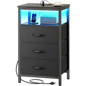 Night Stand with Charger Station and LED Lights, 3 Drawer Nightstand, Bed Side Table with Open Shelf, End Table, Tall Fabric Dr