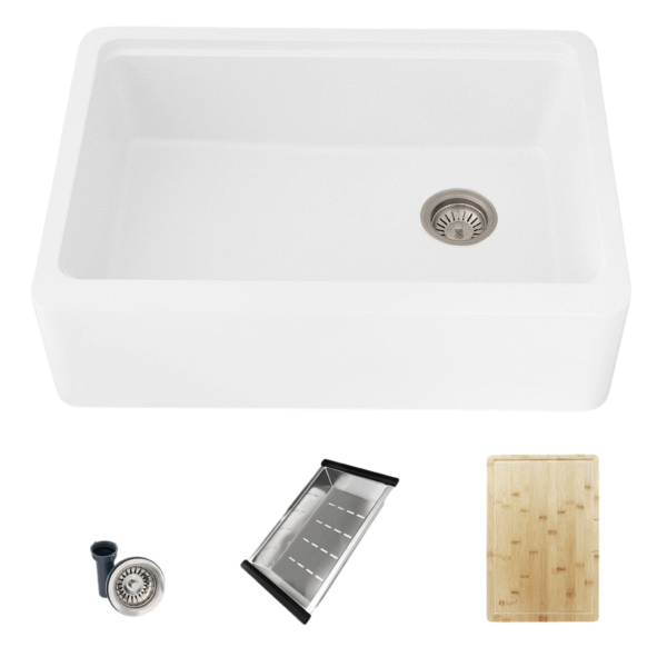 Stylish 30" BRONTE S-830WH Farmhouse/Apron White Composite Granite Workstation Single Bowl Kitchen Sink