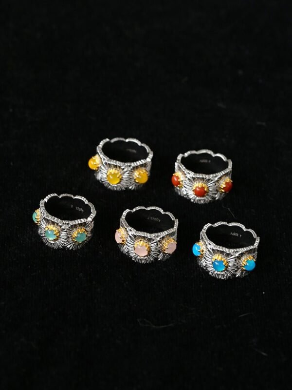 Buccellati-Inspired Daisy Ring 925 Silver Natural Gemstone Wide Band