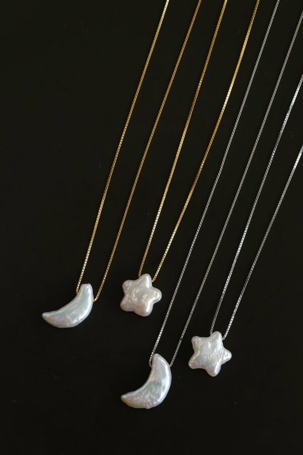 Galactic Romance 925 Silver Natural Pearl Star Moon Necklace
