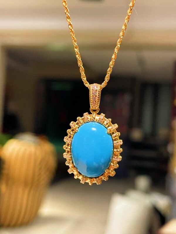 Grand Vintage Lace Blue Turquoise Pendant Necklace Regal Filigree Setting