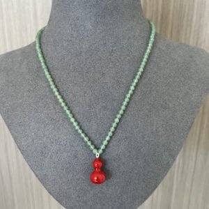 Green Aventurine and Red Enamel Gourd Pendant Necklace